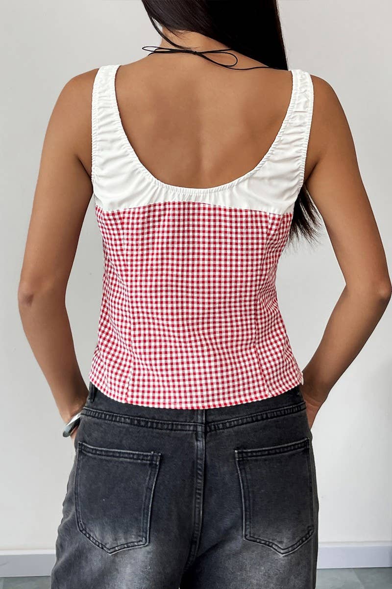 CWTTK0715_CONTRAST PLAID LACE-UP HOLLOW SLIM VEST CAMISOLE