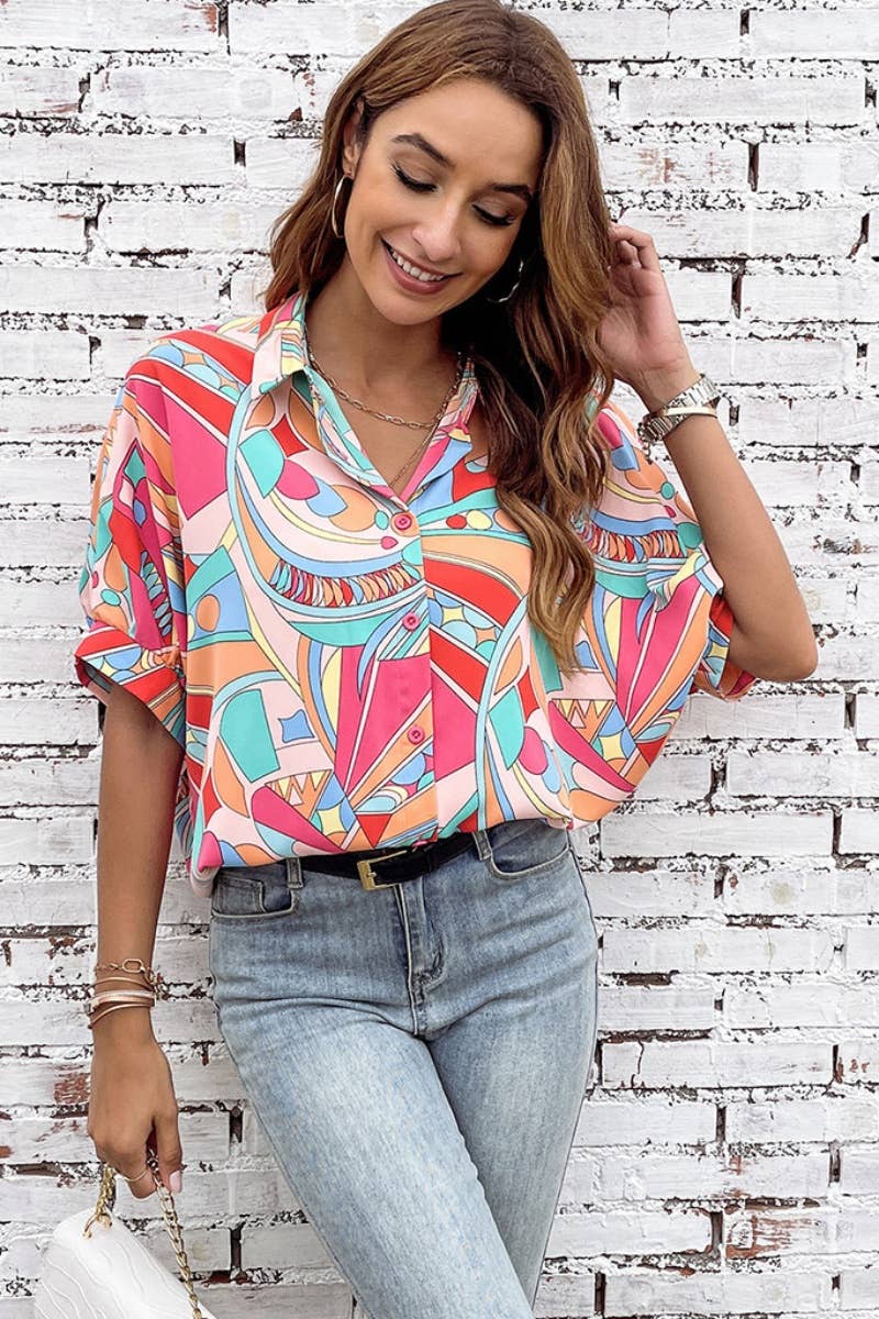 CWTSTS0484_CASUAL PRINTED SHORT SLEEVE LOOSE SHIRT TOP