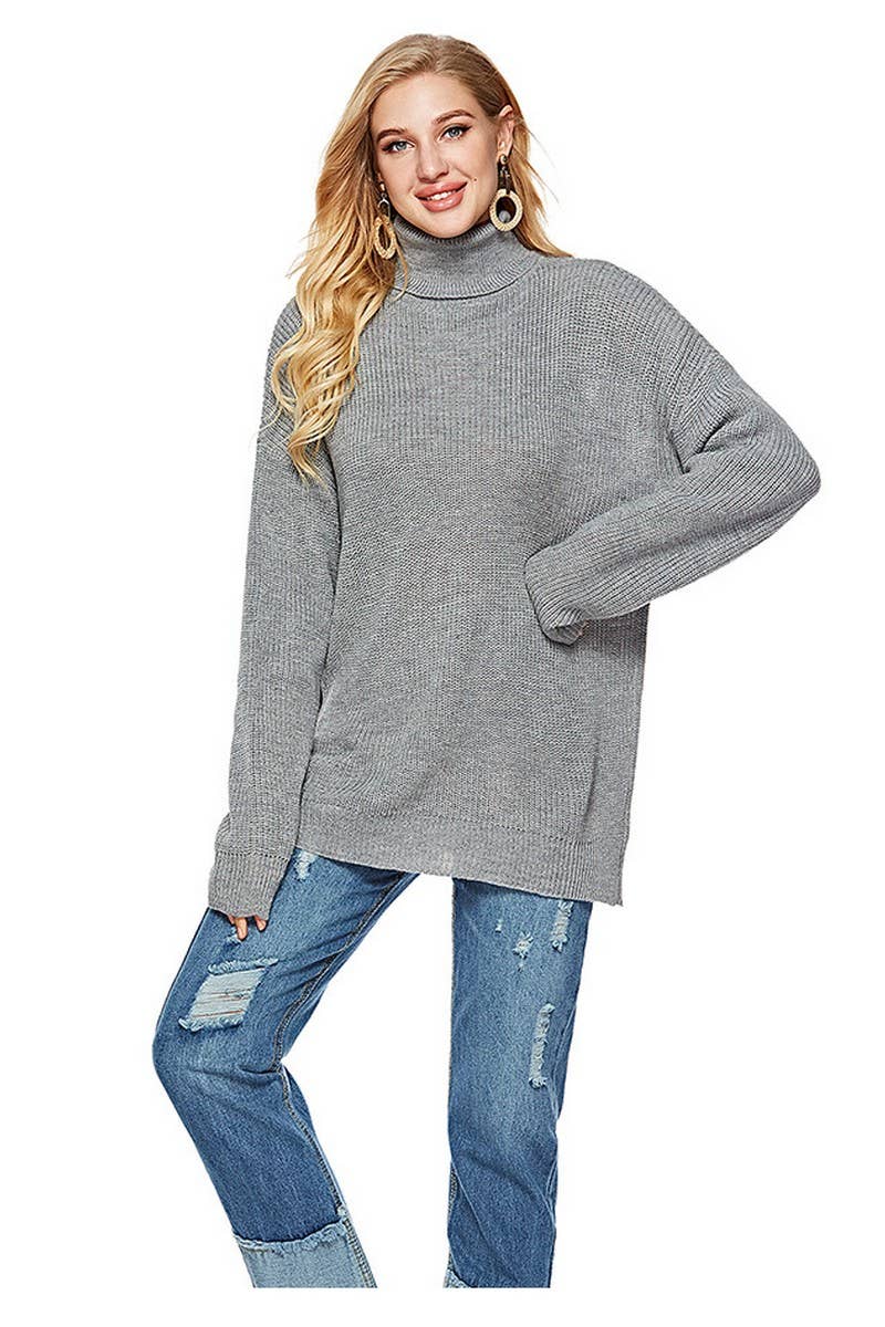 CWOSWL2697_CASUAL STRIPED TURTLENECK KNIT PULLOVER