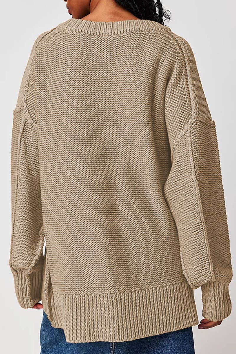 CWOSWL5839_STYLISH V-NECK LONG-SLEEVED PULLOVER SWEATER
