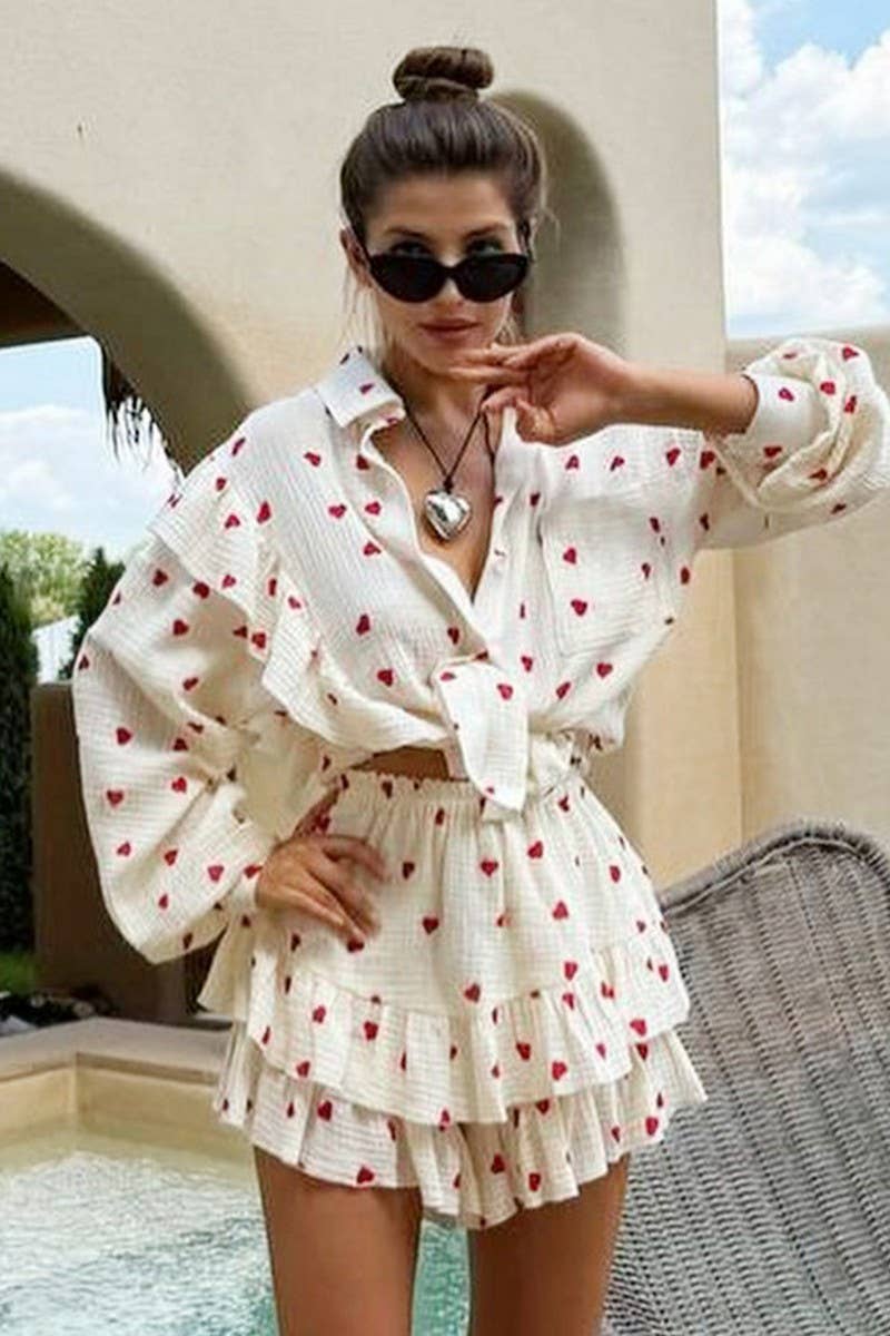 CWSTB1809_COTTON FLORAL RUFFLE SHIRT & SHORTS SET