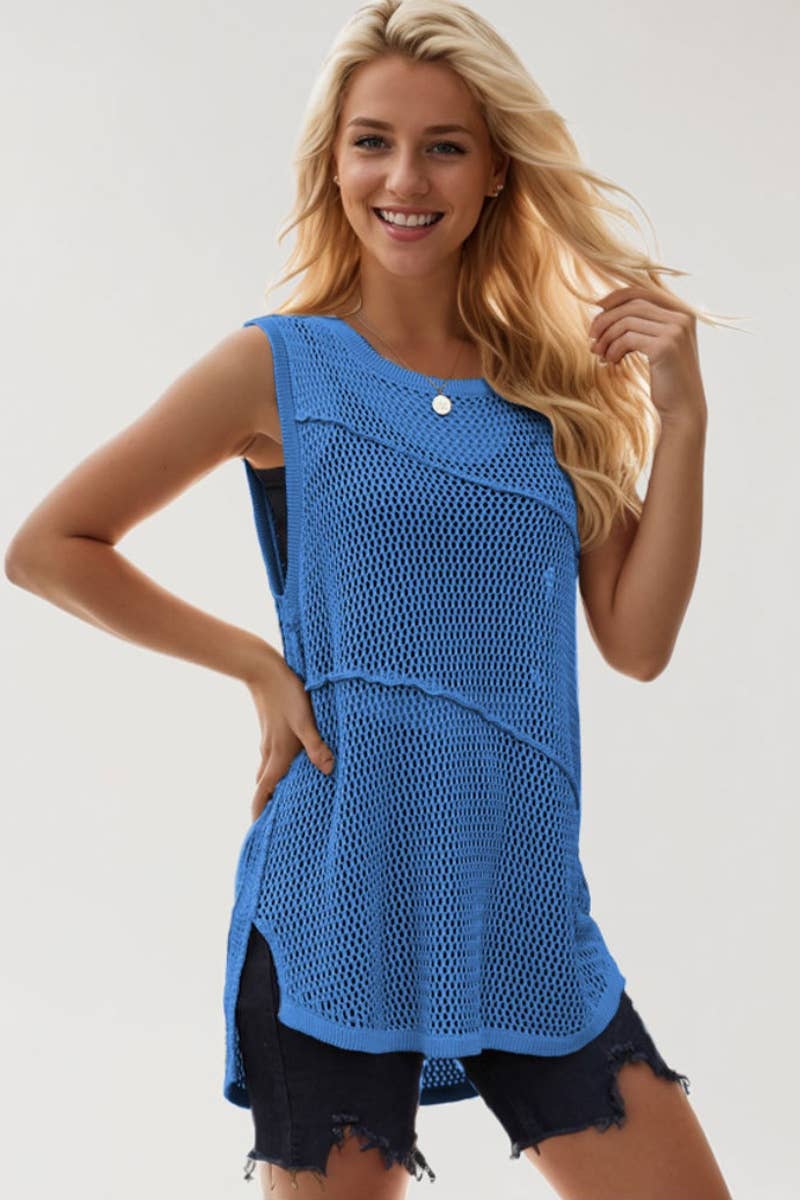 CWTBLSL0297_CUT-OUT SLEEVELESS KNIT CREW NECK TOP