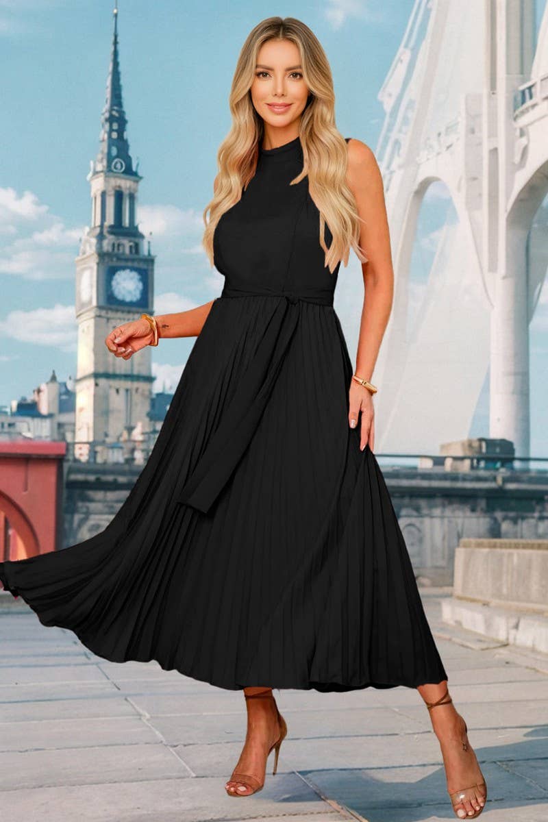 CWDMD6199_SLEEVELESS PLEATED HIGH NECK PARTY DRESS