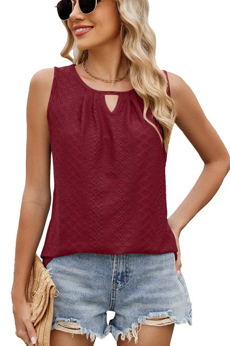 CWTTSL0316_SUMMER ROUND NECK HOLLOW PLEATED VEST T-SHIRT