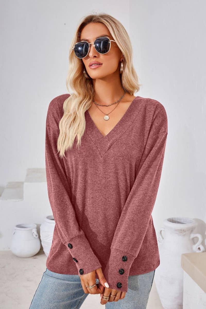 CWTBLL2683_AUTUMN LOOSE SIMPLE V-NECK LONG SLEEVE TOP