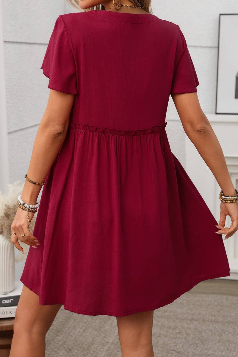CWDSD7262_BOHEMIAN V-NECK SHORT-SLEEVED RUFFLE DRESS