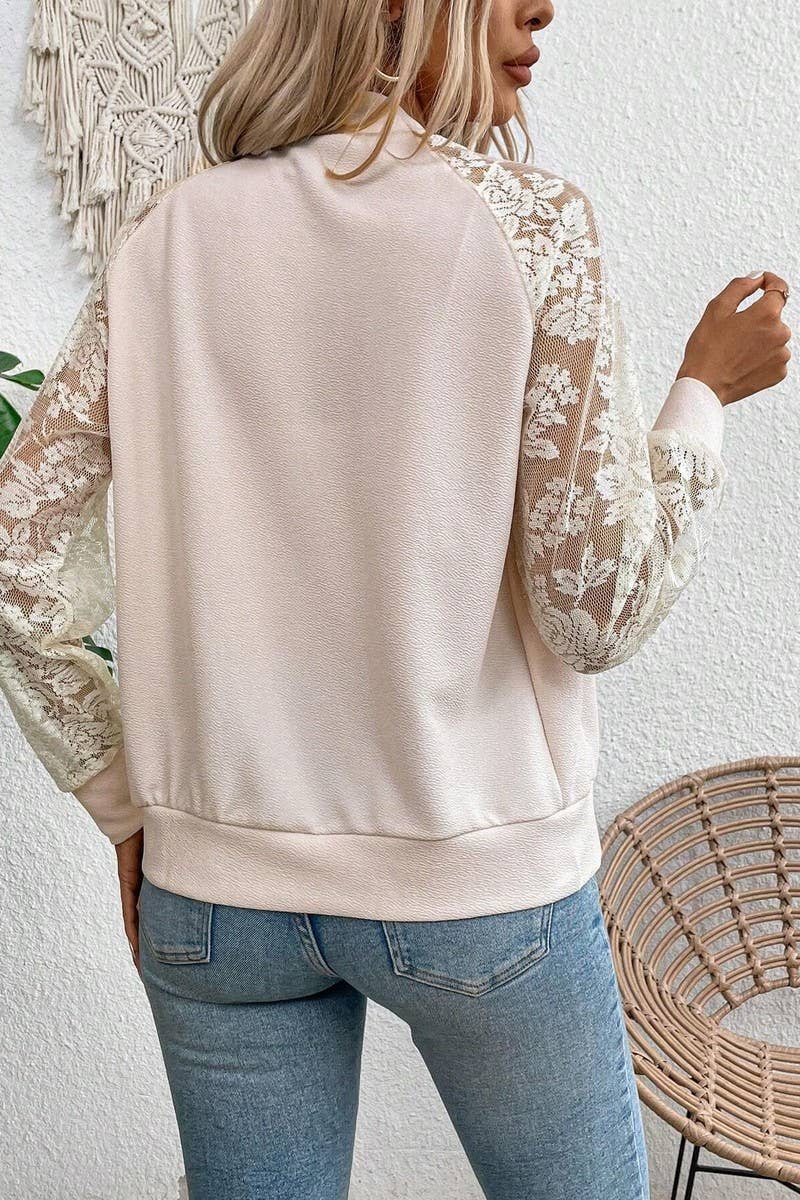 CWOCO1134_LACE PANEL LONG SLEEVE BASEBALL COLLAR JACKET TOP