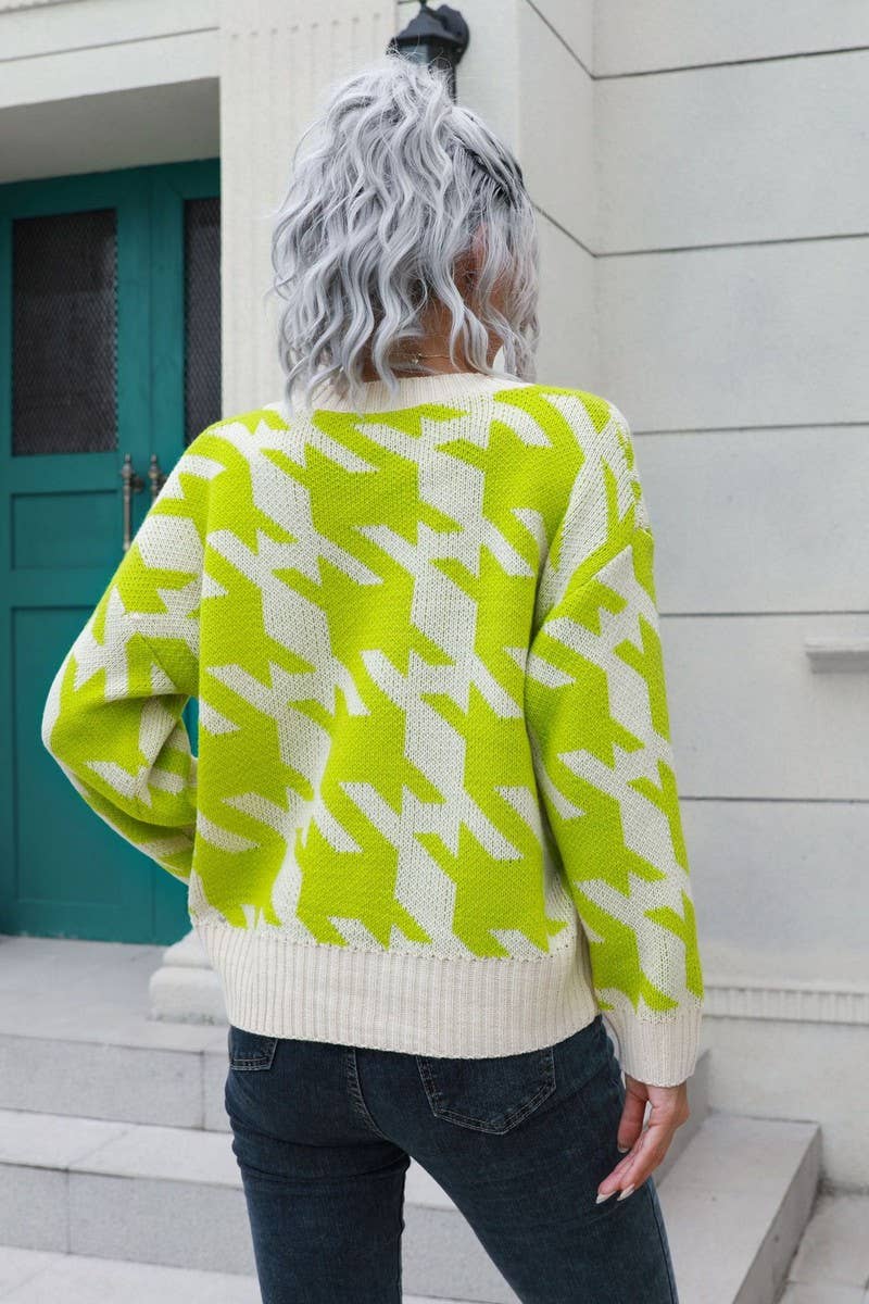 CWOCAL1192_HOUNDSTOOTH BUTTON LOOSE KNIT CARDIGAN