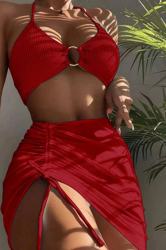 CWMW0888_SOLID COLOR HALTER NECK TWO-PIECE BIKINI SWIMSUIT