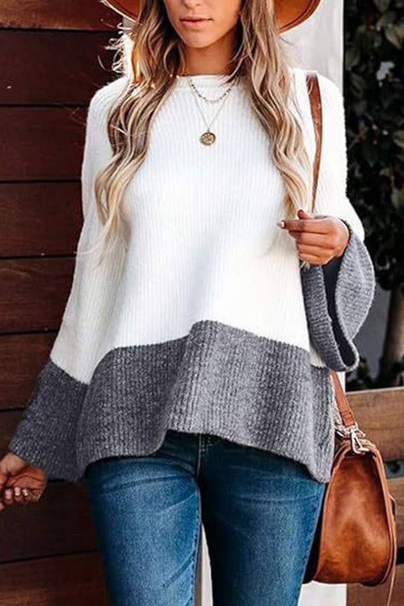 CWOSWL5810_GREY AND WHITE STITCHING KNITTED SWEATER