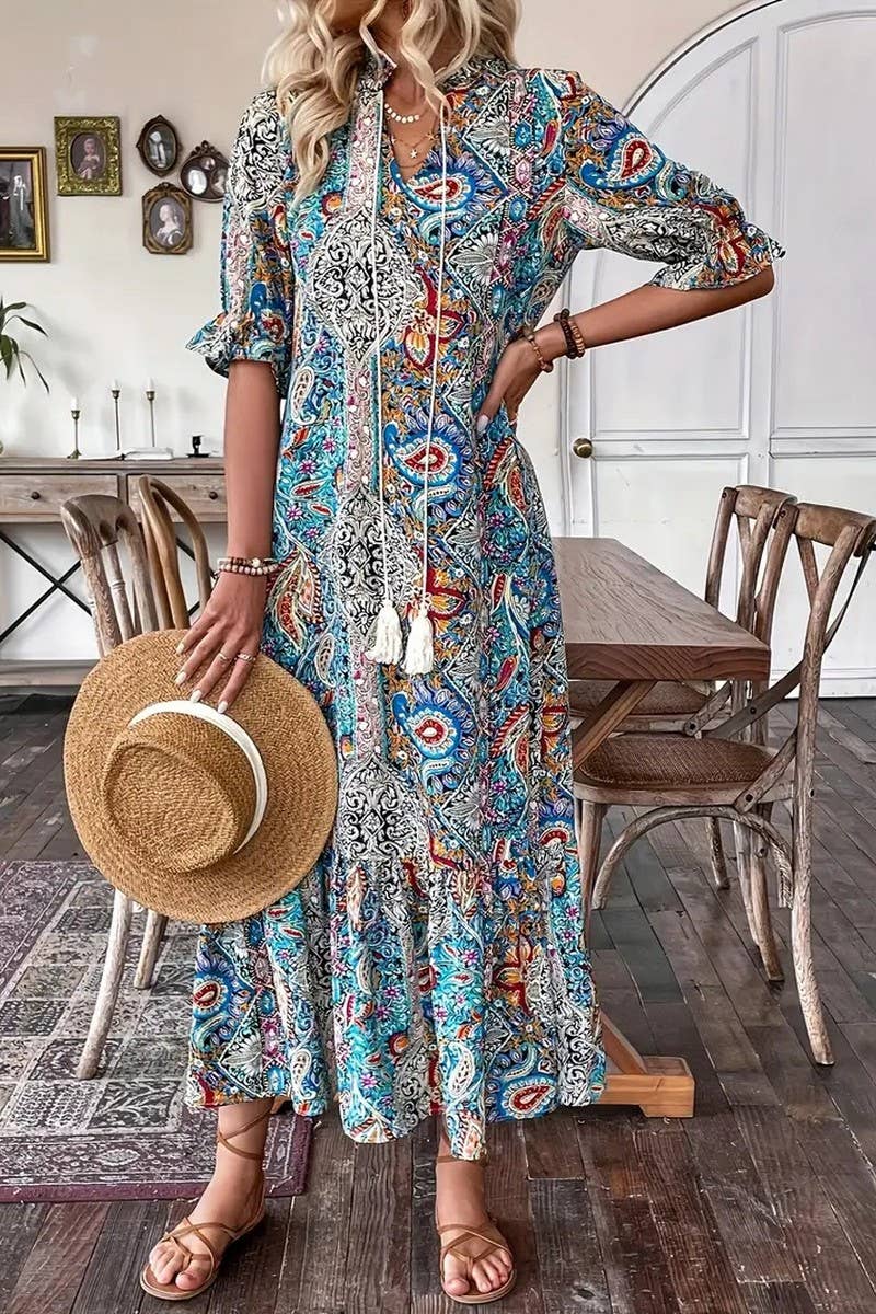 CWDMD4101_PRINTED ELBOW SLEEVE TIE-TIE RUFFLE DRESS