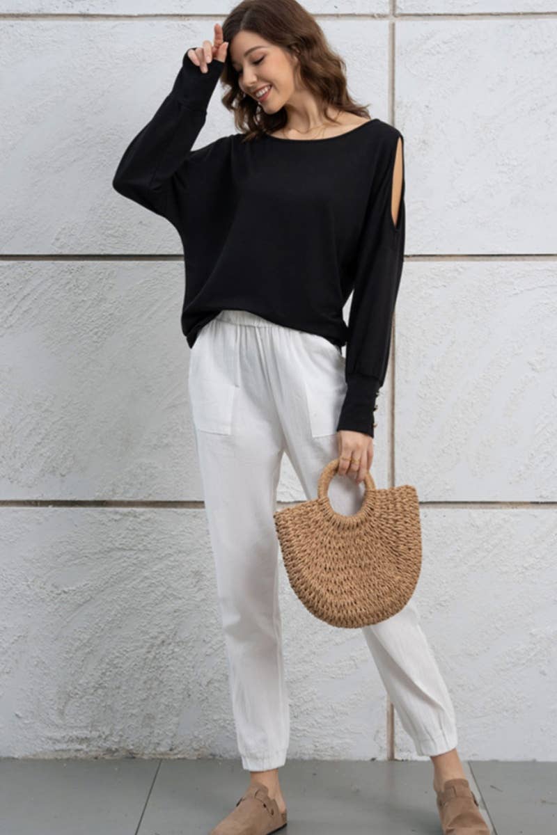 CWTBLL1429_SOLID COLOR BUTTON-DOWN LONG-SLEEVED TOP