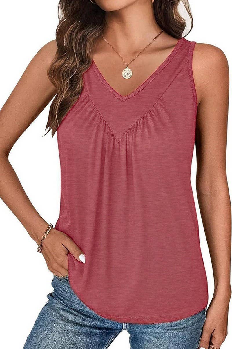 CWTTK1178_SOLID V-NECK SLEEVELESS FIT TANK TOP