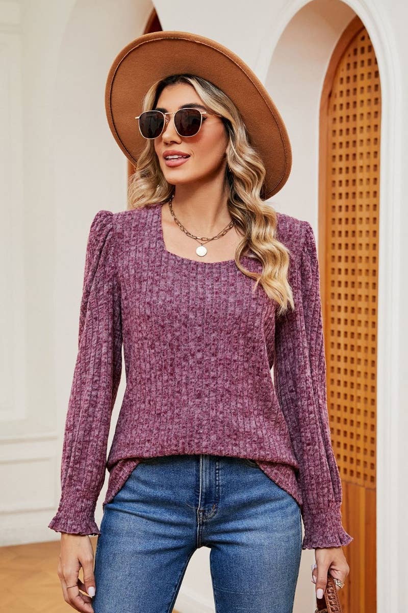 CWOSWL6549_SQUARE NECK LONG SLEEVE RUFFLED SWEATER