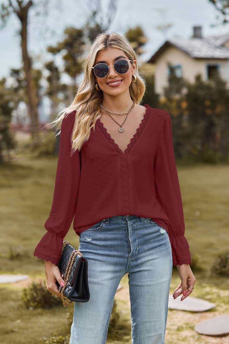 CWTBLL2710_STYLISH V-NECK LACE PATCHWORK LONG-SLEEVED TOP