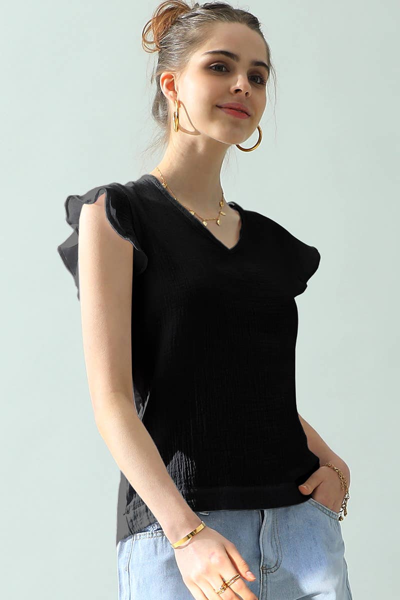 CWTTS688_V NECK BUTTERFLY RUFFLE TUNIC TOP