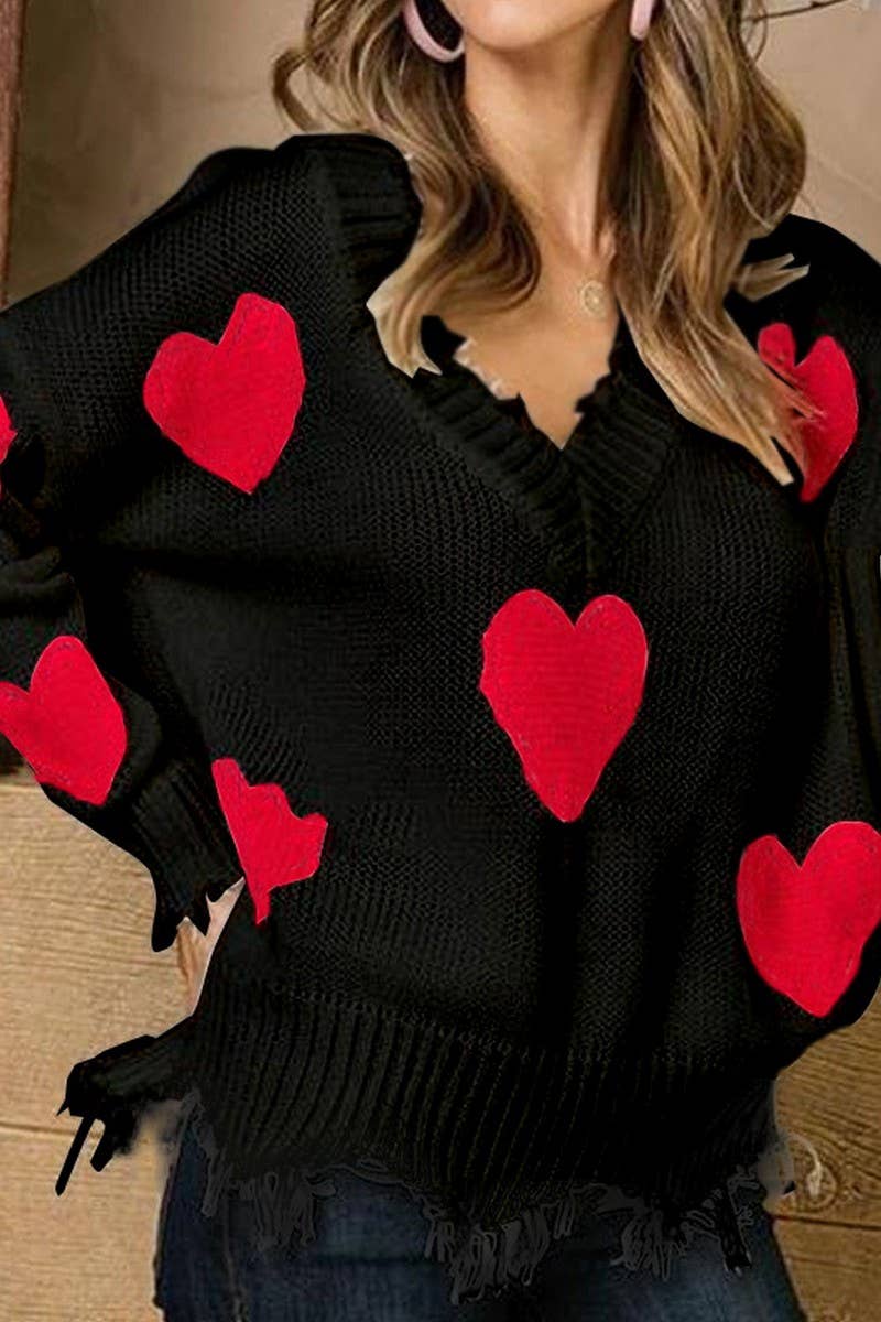 CWOSWL07358_VALENTINE'S HEART PATCH V NECK KNIT SWEATER