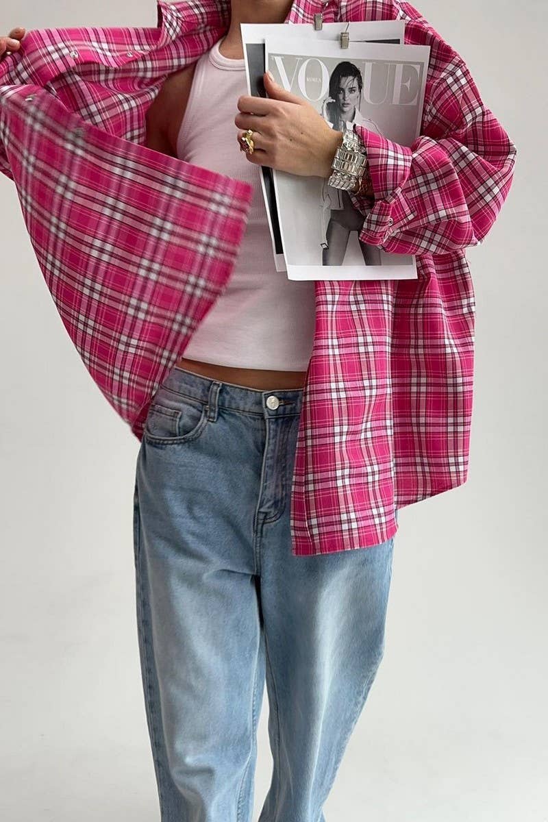 CWTBLL00570_LOOSE CASUAL LONG-SLEEVED PINK PLAID SHIRT