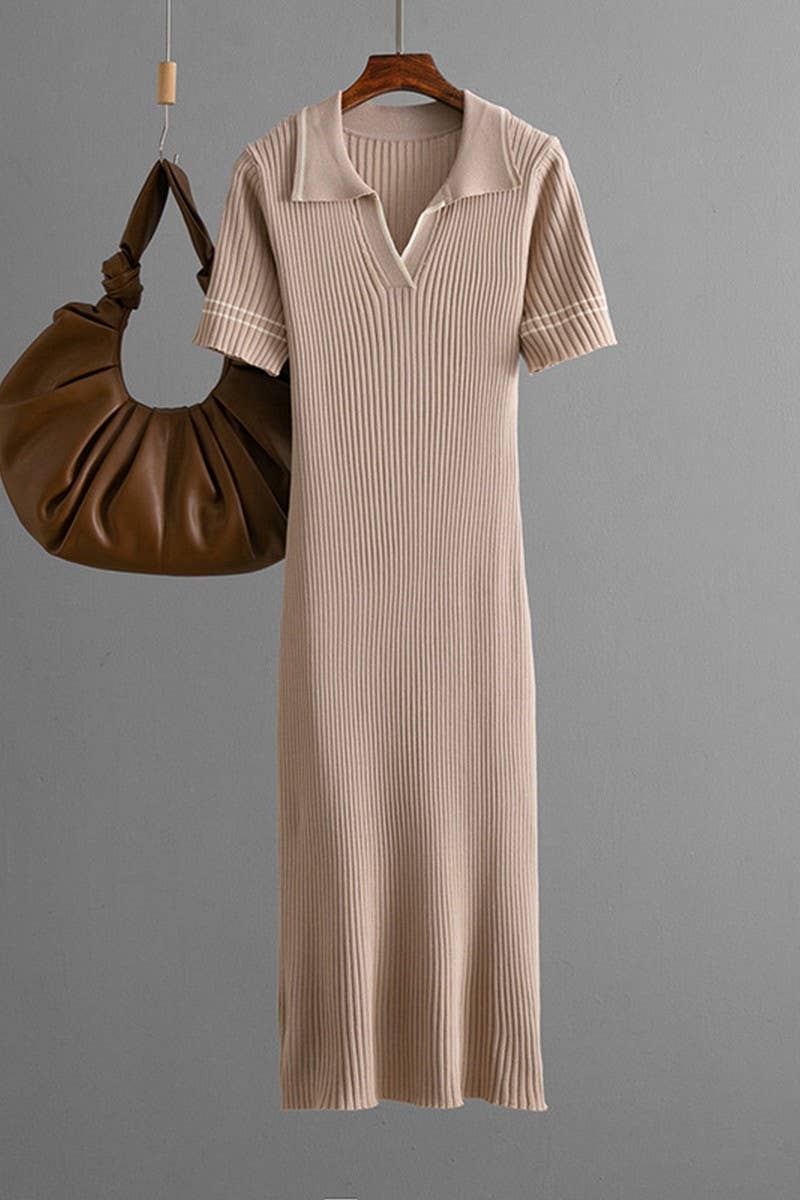 CWDMD01154_SOLID KNIT POLO COLLAR BODYCON MINI DRESS