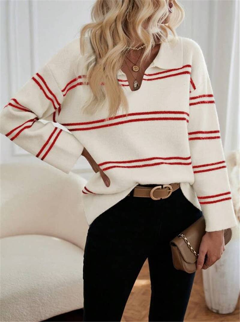 Color-blocking striped polo neck knitted sweater