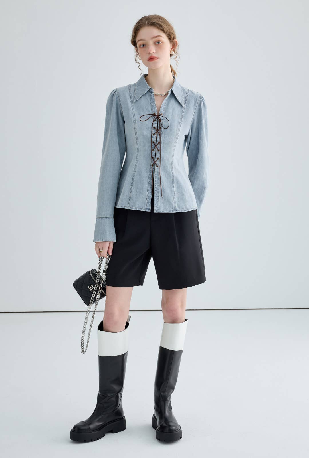 Cross-tied spicy girl style denim shirt