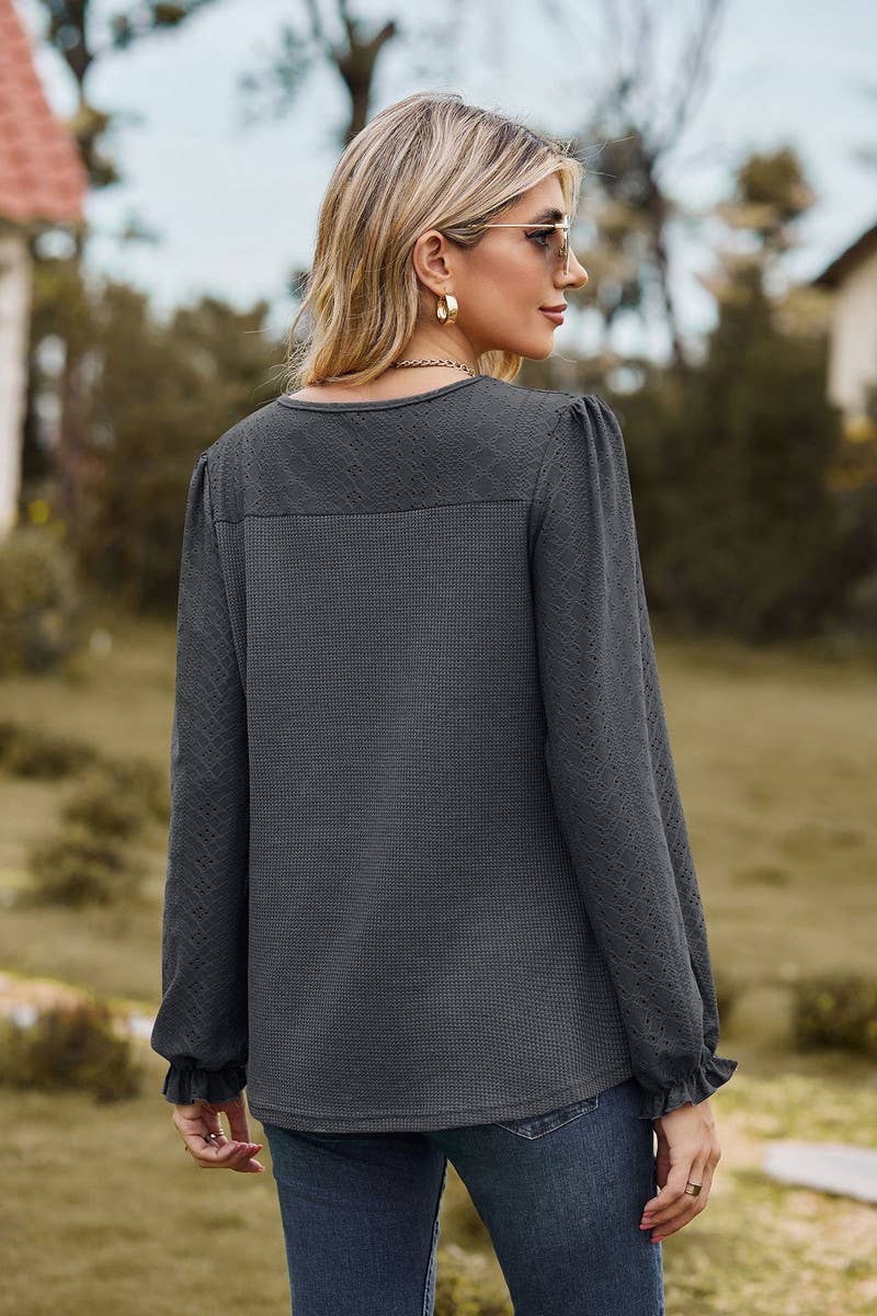 CWTBLL2417_SPLICED ROUND NECK LOOSE LONG SLEEVE T-SHIRT TOP