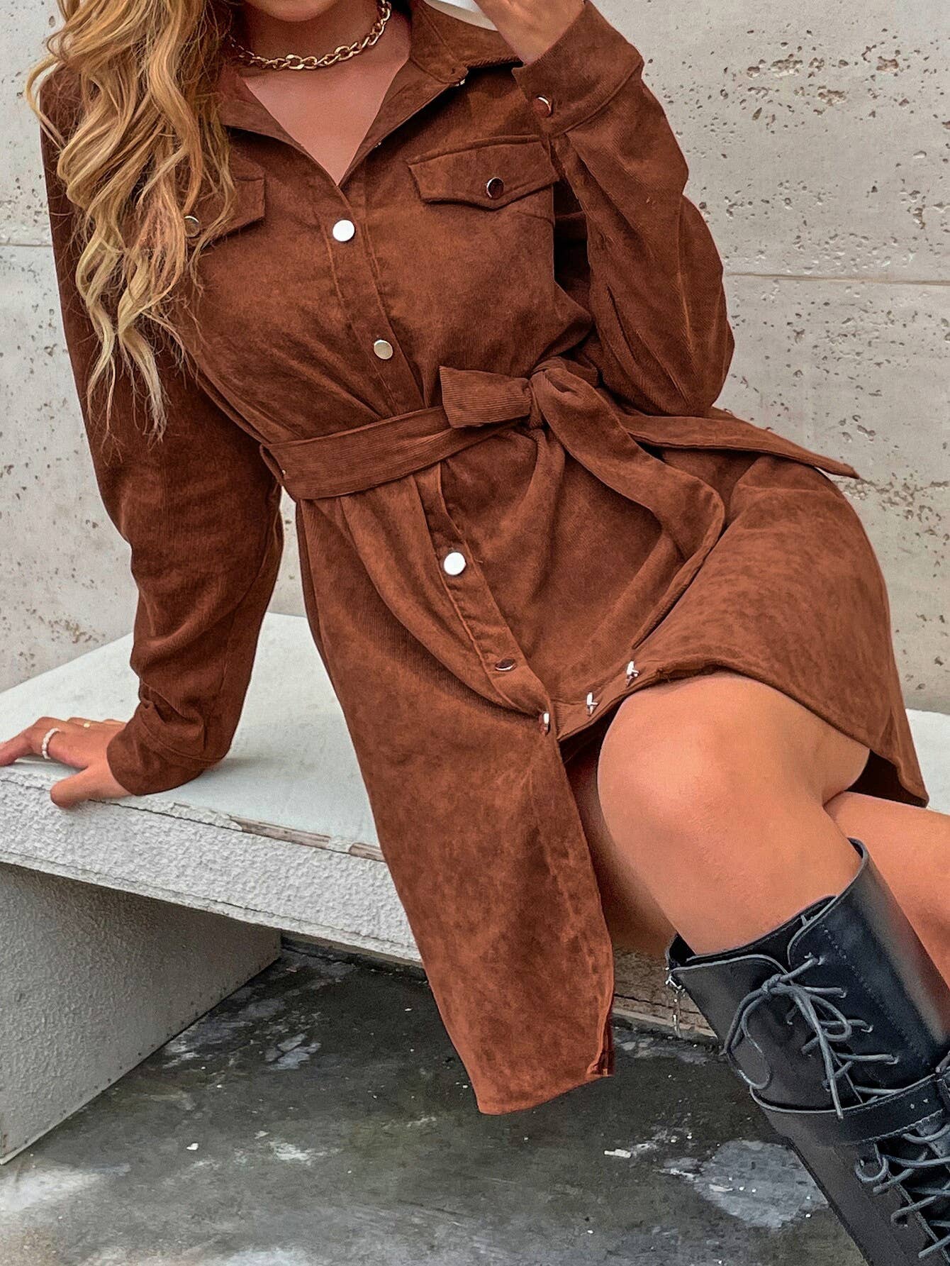 CASUAL CORDUROY SHIRT DRESS WITH LOOSE WAISTBAND