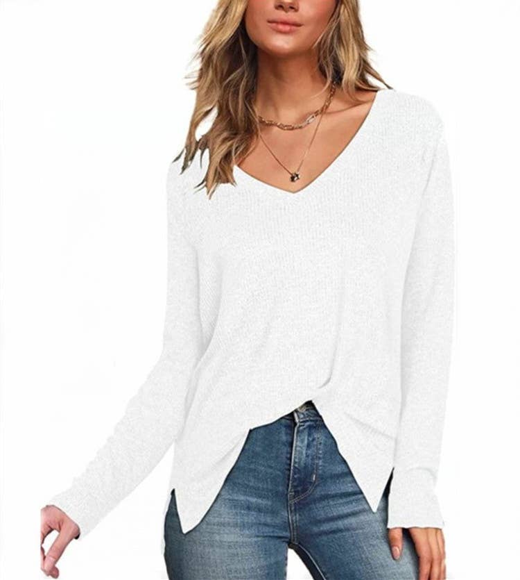 CWTTL1202_V-neck Long Sleeved With Side Slit Knit Top