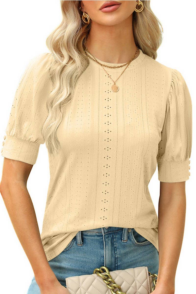 CWTBLS1599_ROUND NECK SOLID COLOR HOLLOW SHORT SLEEVE TOP
