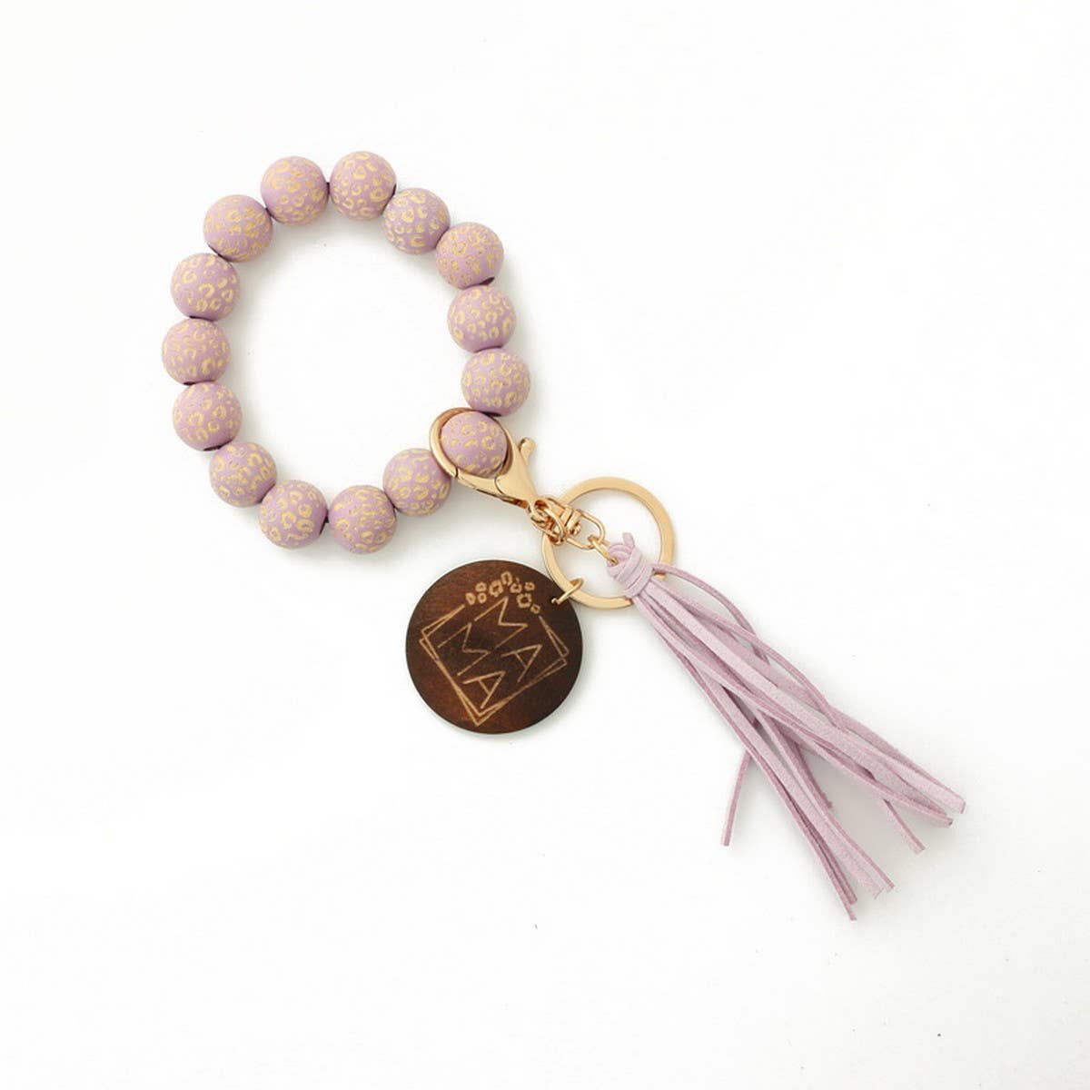 LEOPARD PATTERN WOODEN BEAD BRACELET KEYCHAIN