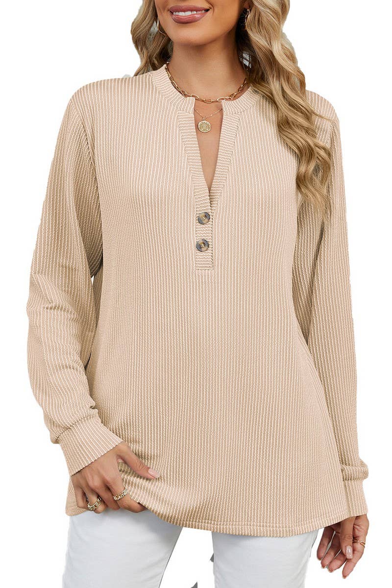 CWTBLL2362_LONG SLEEVE BUTTON V NECK STRIPED T-SHIRT TOP
