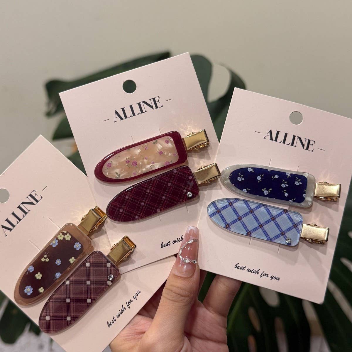 CWAHA4452_FLORAL CHECKERED ALL-MATCH CUTE SEAMLESS HAIRPIN