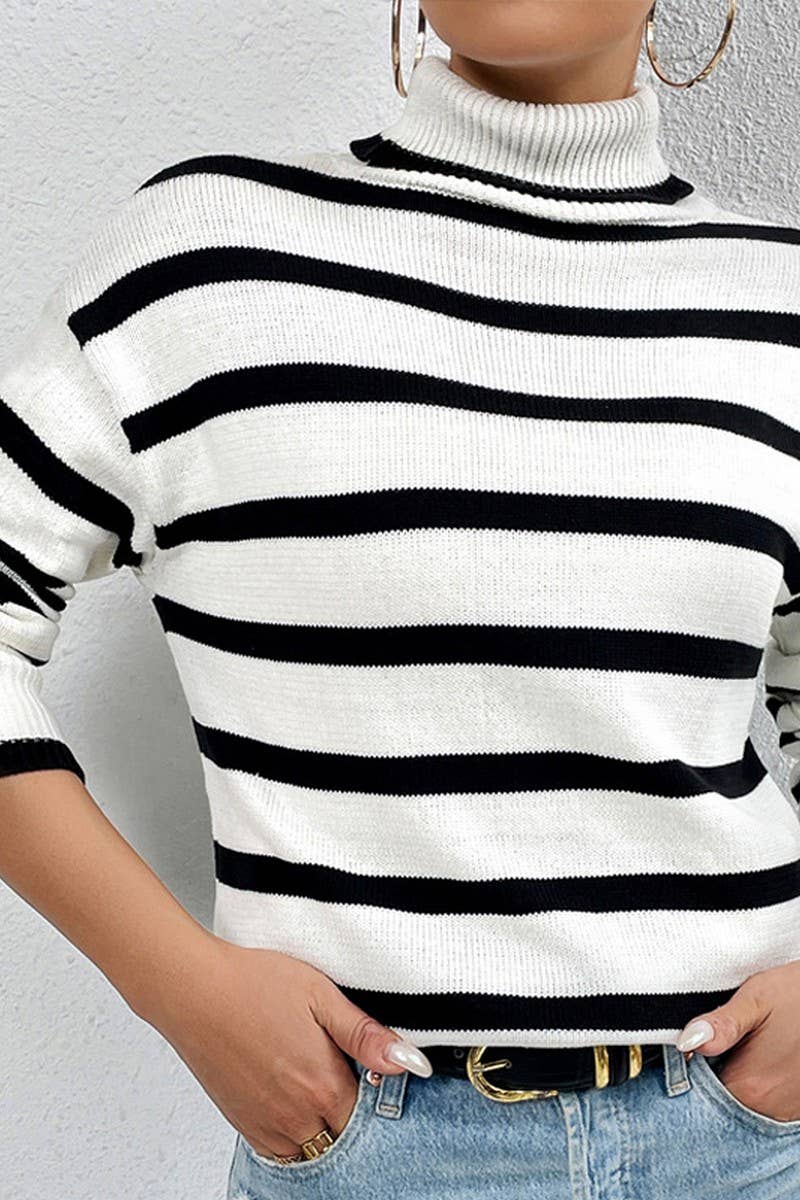 CWOSWL2699_CONTRAST COLOR HIGH COLLAR STRIPED KNIT TOP