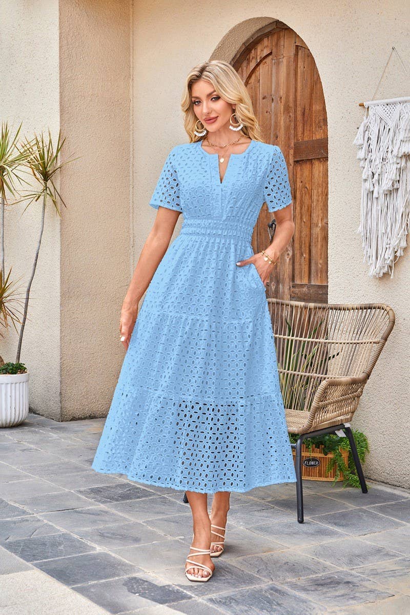 CWDMD6339_V-NECK HOLLOW EYELET PLEATED SHORT SLEEVE DRESS