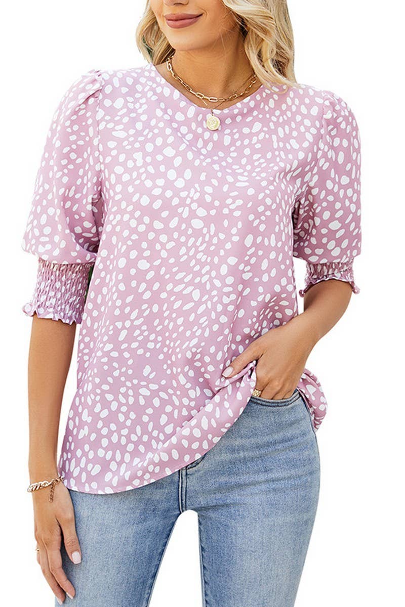 CWTBLS1600_ROUND NECK PRINTED SHORT-SLEEVED CHIFFON SHIRT