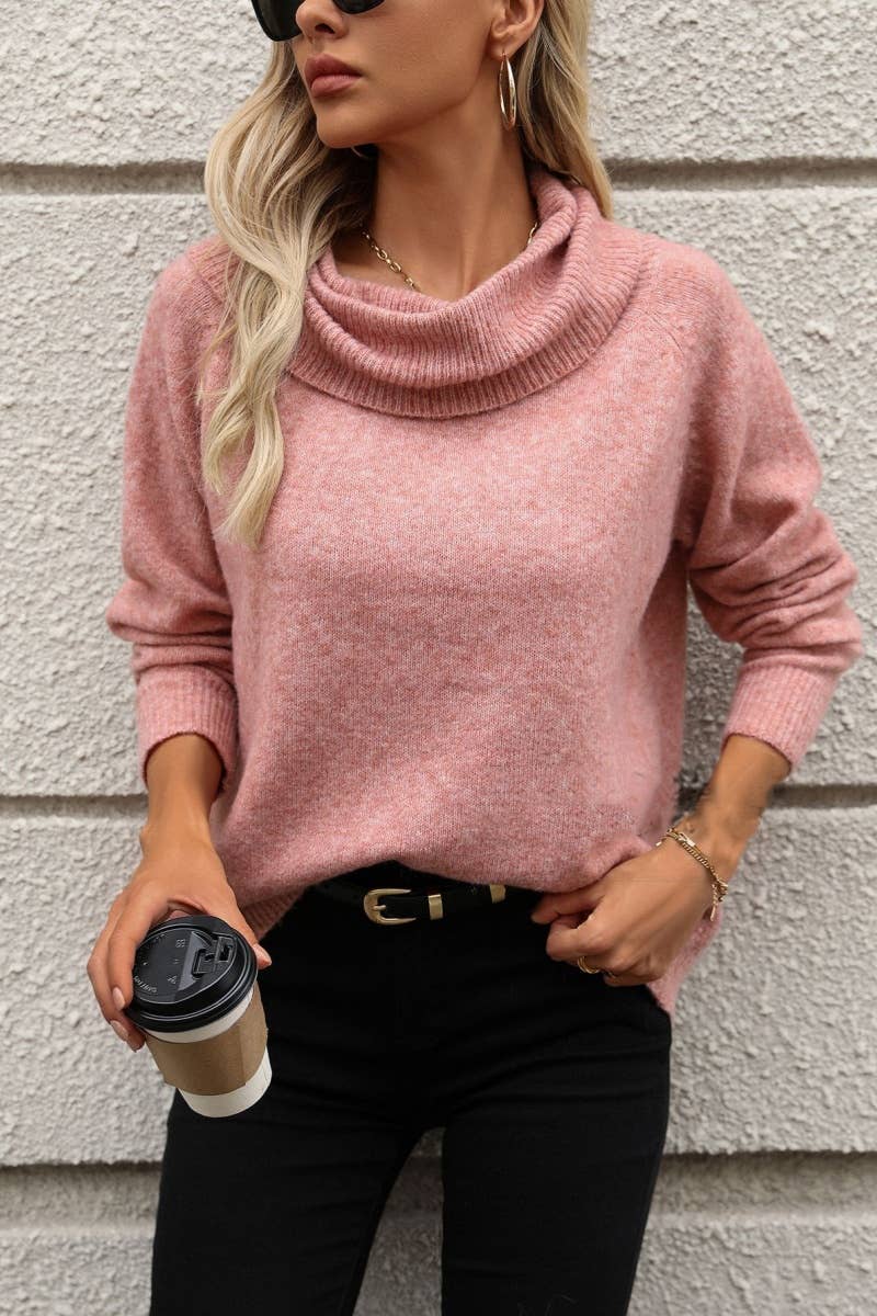 CWOSWL6490_PILE NECK SOLID COLOR LONG-SLEEVED SWEATER