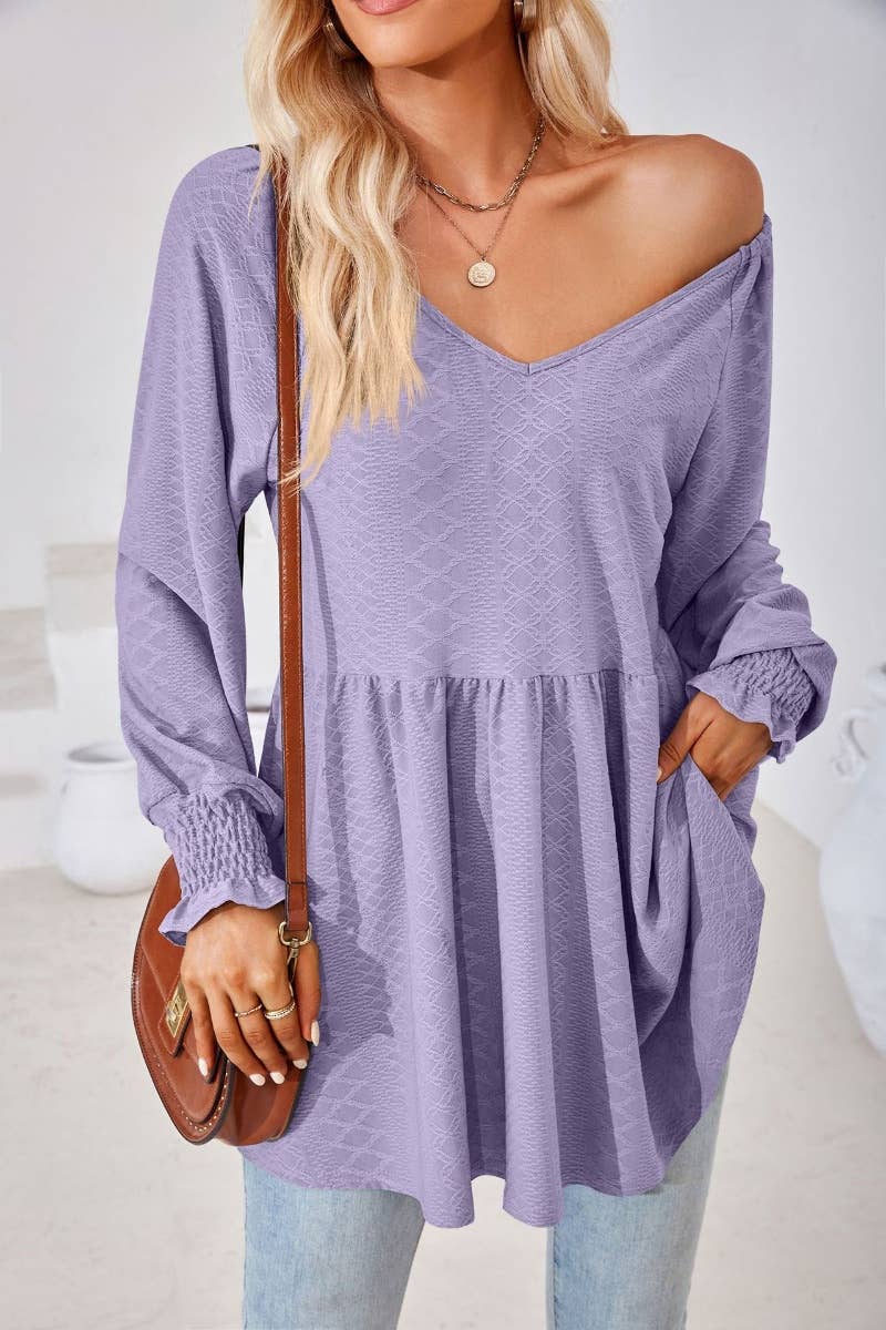 CWTBLL2817_SOLID COLOR PATCHWORK LONG-SLEEVED TUNIC