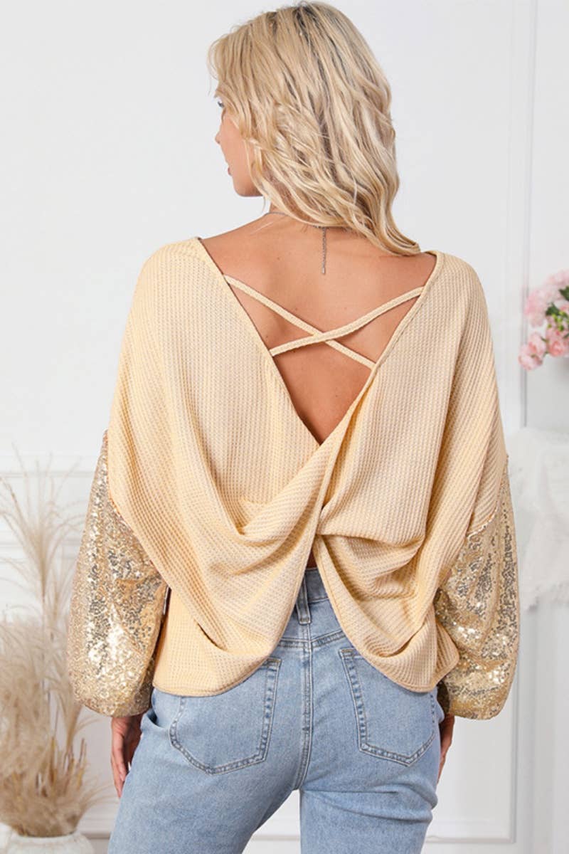 CWTBLL3052_FALL FASHION SEQUIN PATCHWORK LONG SLEEVE TOP