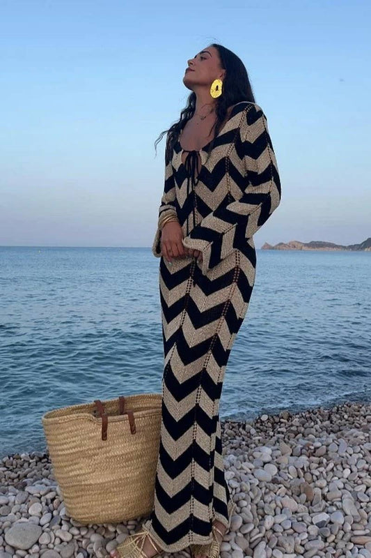 CWDMD4148_LONG-SLEEVED KNITTED ROUND NECK LACE HOLLOW DRESS