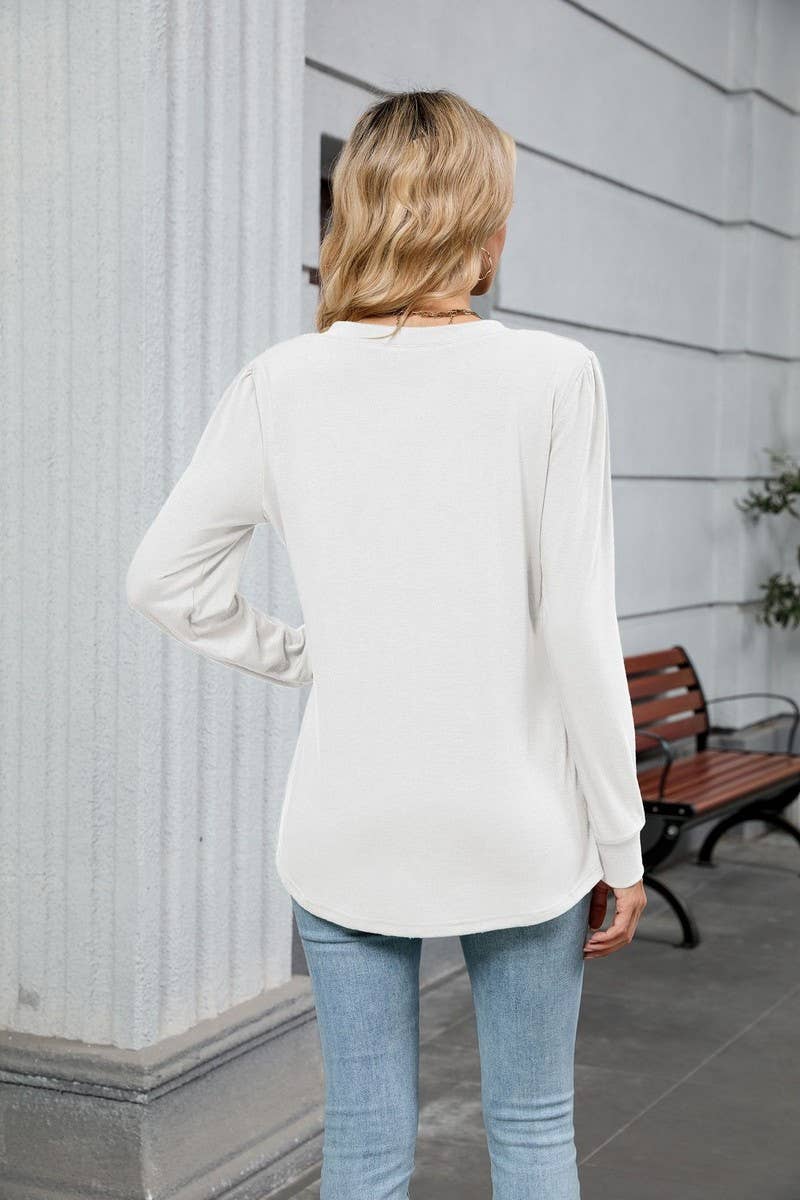 CWTBLL01306_V NECK RIBBED SOLID LONG SLEEVE CASUAL TEE