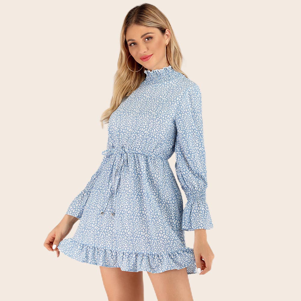 Casual high neck strap floral ruffled trim dress