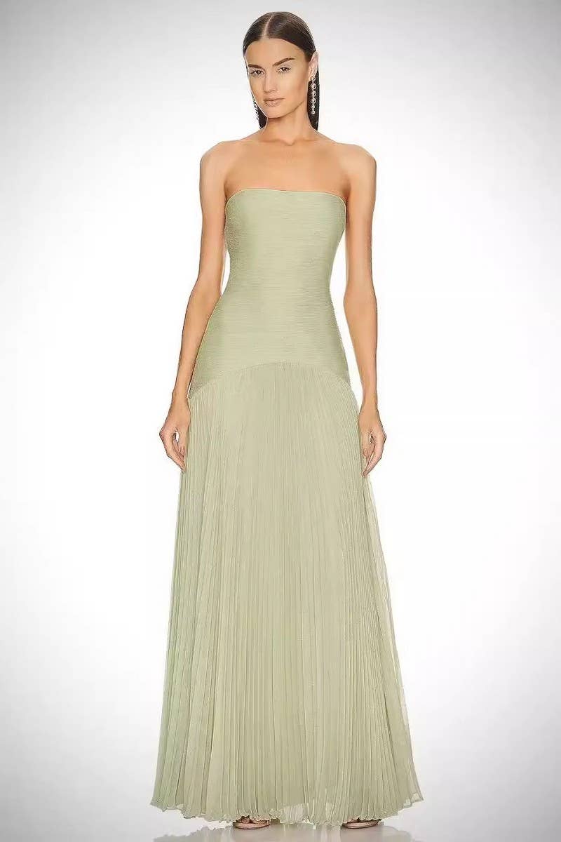 CWDMD6029_SOLID CASUAL RIBBED PLEATED STRAPLESS DRESS