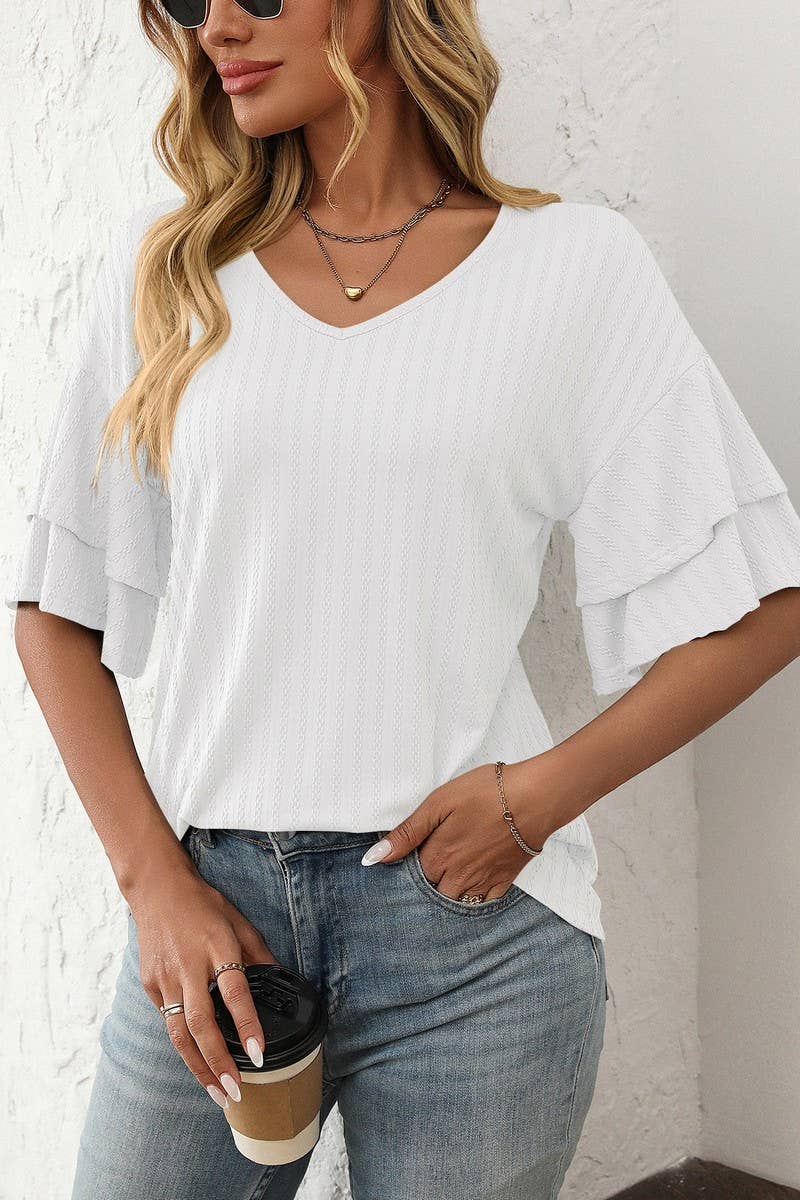 CWTBLS1713_SOLID COLOR V-NECK LOTUS SLEEVE T-SHIRT TOP