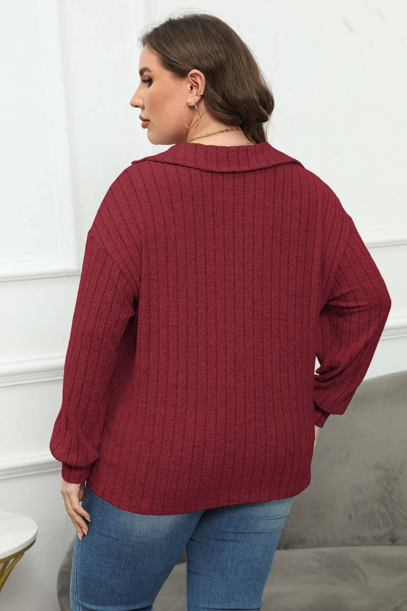 CWTTL1312_PLUS Size Casual Foldover Collar Knit Pullover Top