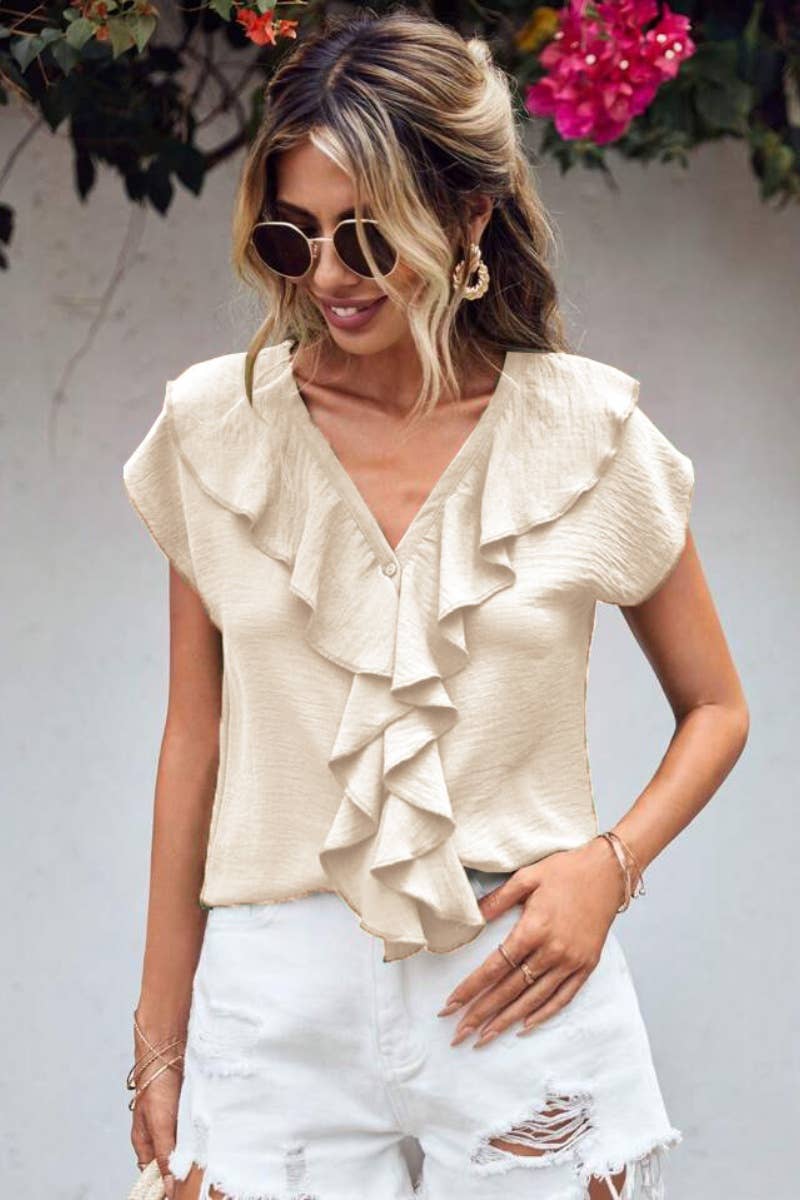 CWTBLS0665_WOMEN'S SHORT-SLEEVED V-NECK RUFFLED TOP