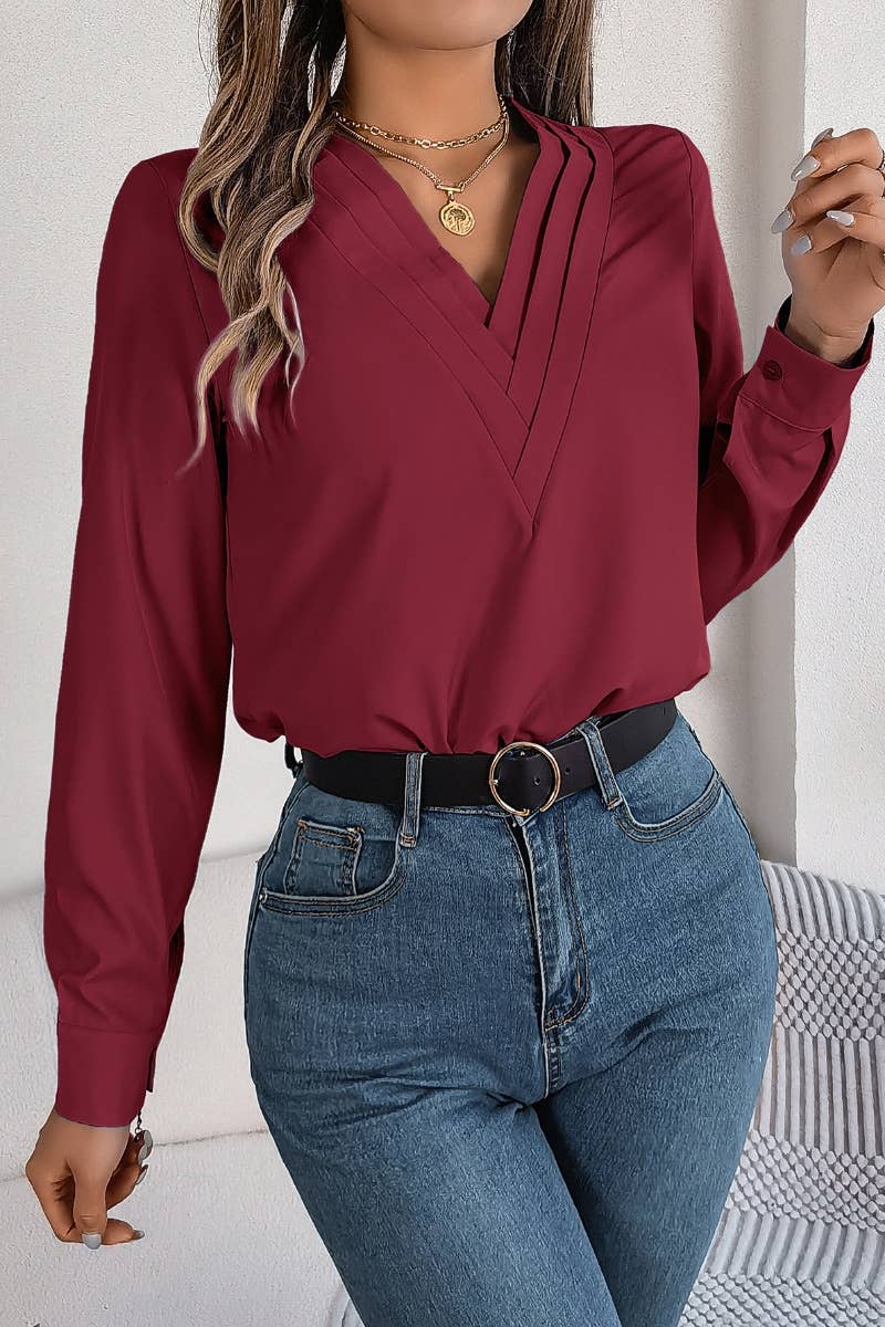 CWTBLL2646_AUTUMN SOLID COLOR V-NECK LONG SLEEVE SHIRT TOP