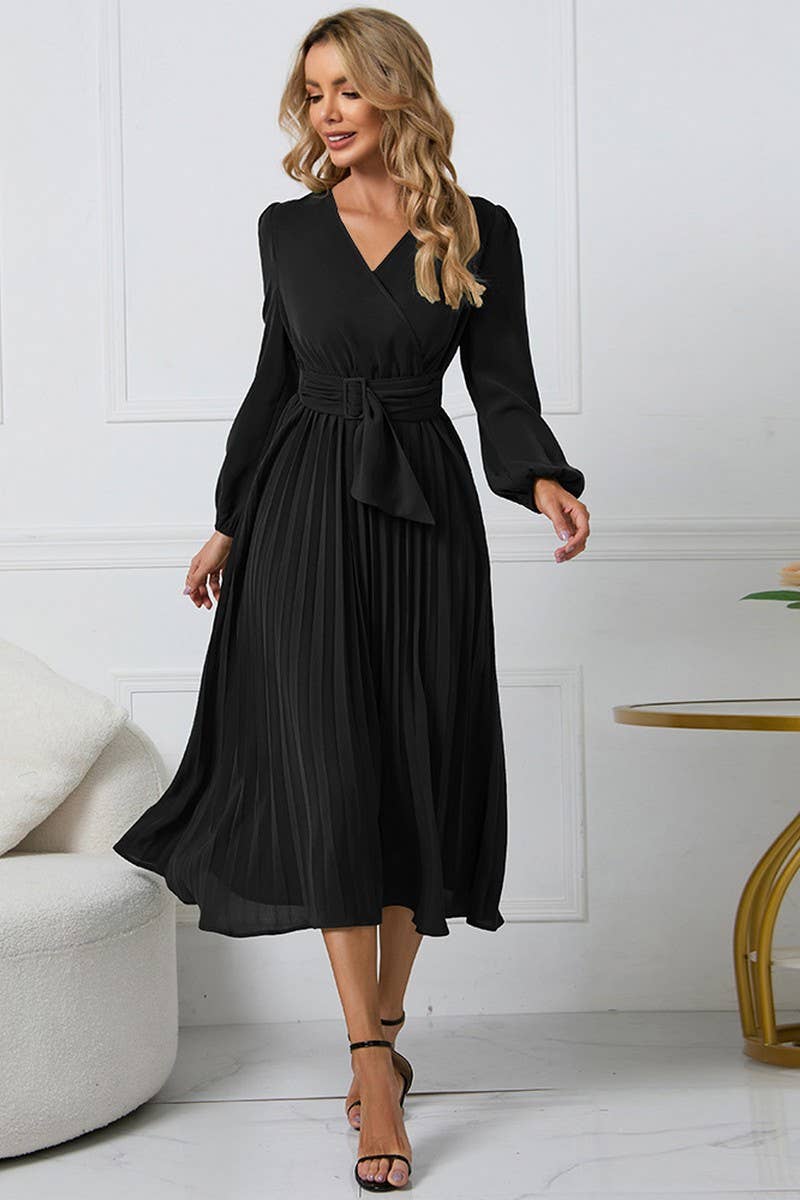 CWDMD1462_V-NECK LONG SLEEVED PLEATED DRESS