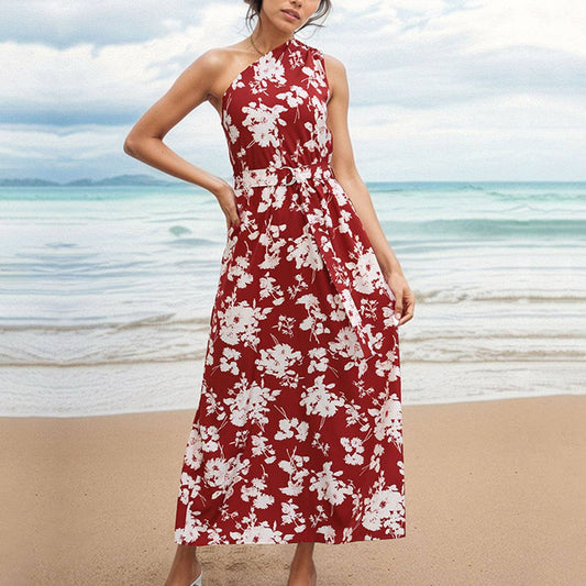Floral print one-shoulder dress_CWDMD1517