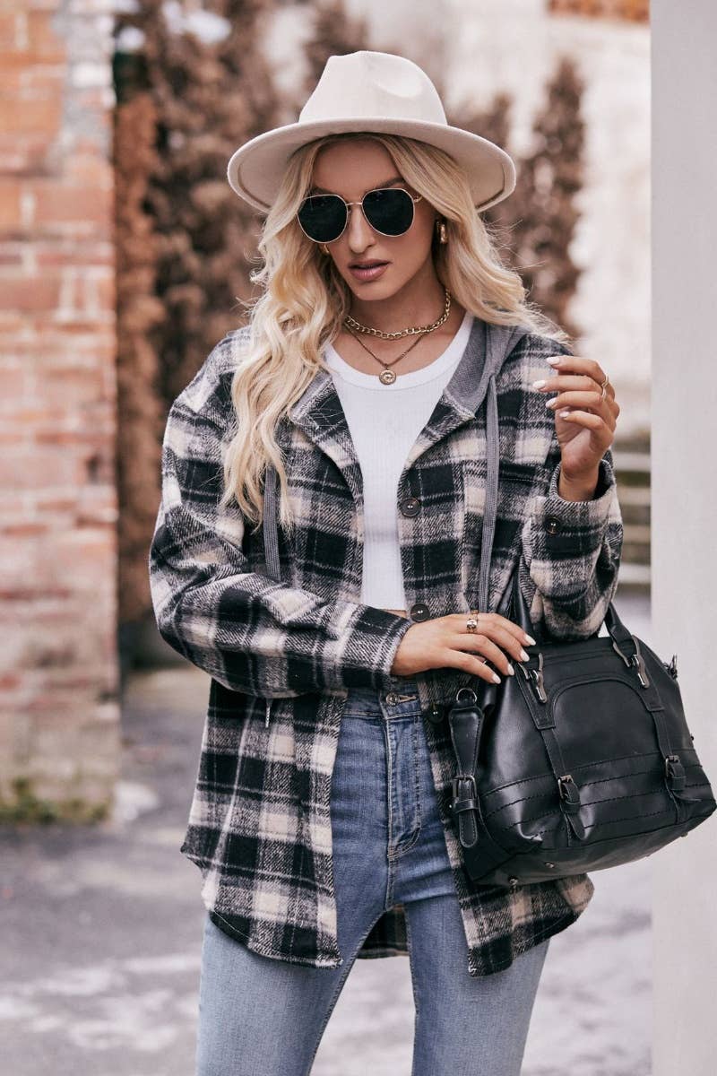 CWTSTL2181_FLANNEL PLAID HOODED LONG-SLEEVED SHIRT JACKET