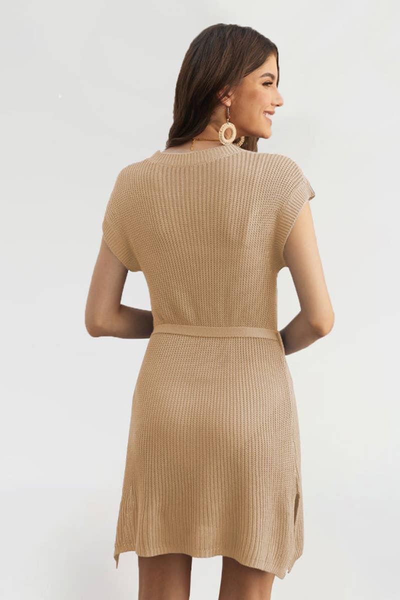 CWDSD3926_CREW-NECK SLEEVELESS SOLID-COLOR BEACH DRESS